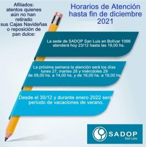 Lee más sobre el artículo Horarios de atención de Sadop San Luis hasta fin de diciembre 2021